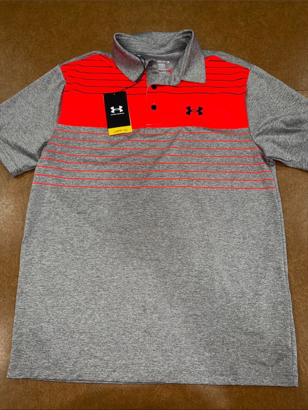 NWT Under Armour Gray "The Playoff Polo" with Bright Red Stripe Chest Panel • M